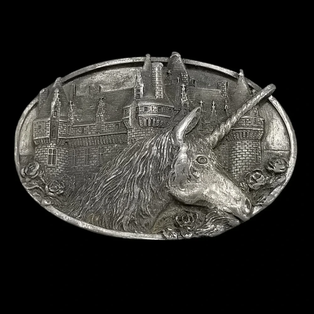 Bergamot Belt Buckle Vintage Unicorn Silver Castle Fantasy 1983 V-48 Made in USA